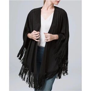 White House Black Market Black Faux Suede Fringe Poncho OS